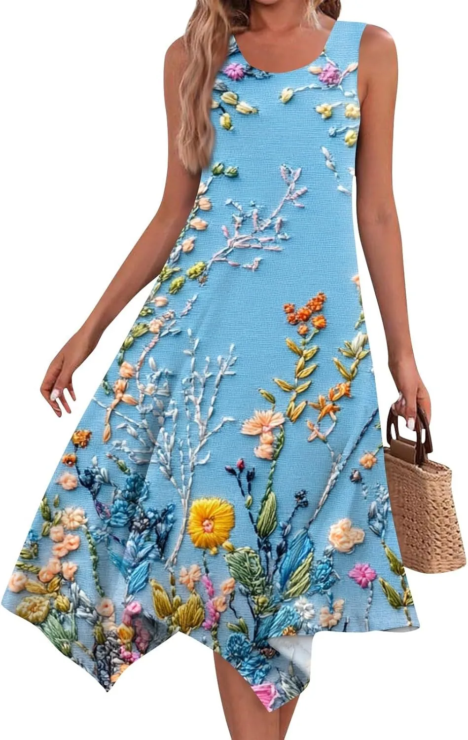 Women's Round Neck Sleeveless Tank Sundresses 2025 Floral Print Irregular Hem Midi Dress, S-2XL