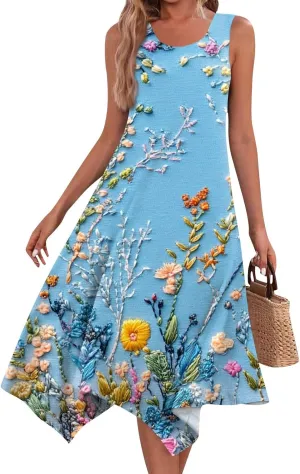 Women's Round Neck Sleeveless Tank Sundresses 2025 Floral Print Irregular Hem Midi Dress, S-2XL