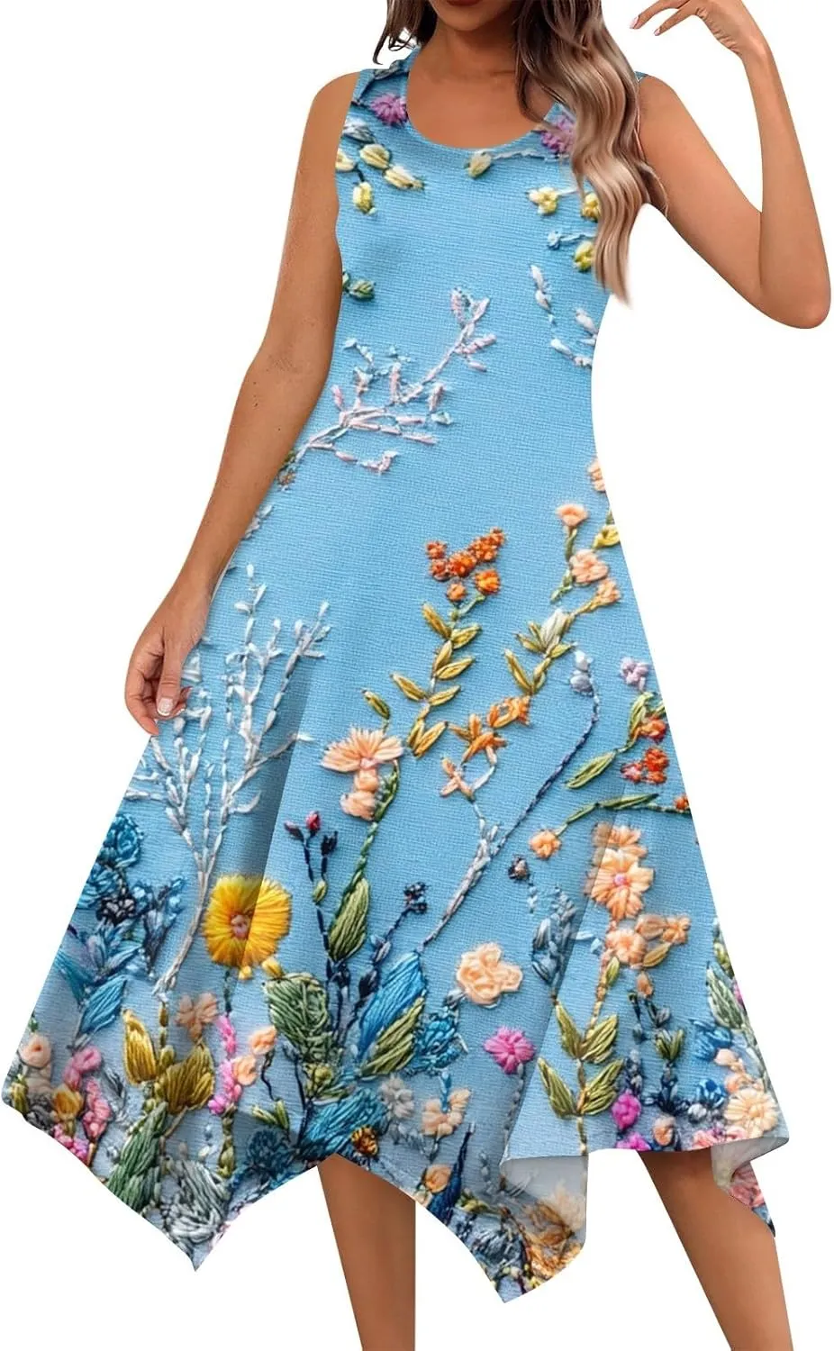 Women's Round Neck Sleeveless Tank Sundresses 2025 Floral Print Irregular Hem Midi Dress, S-2XL