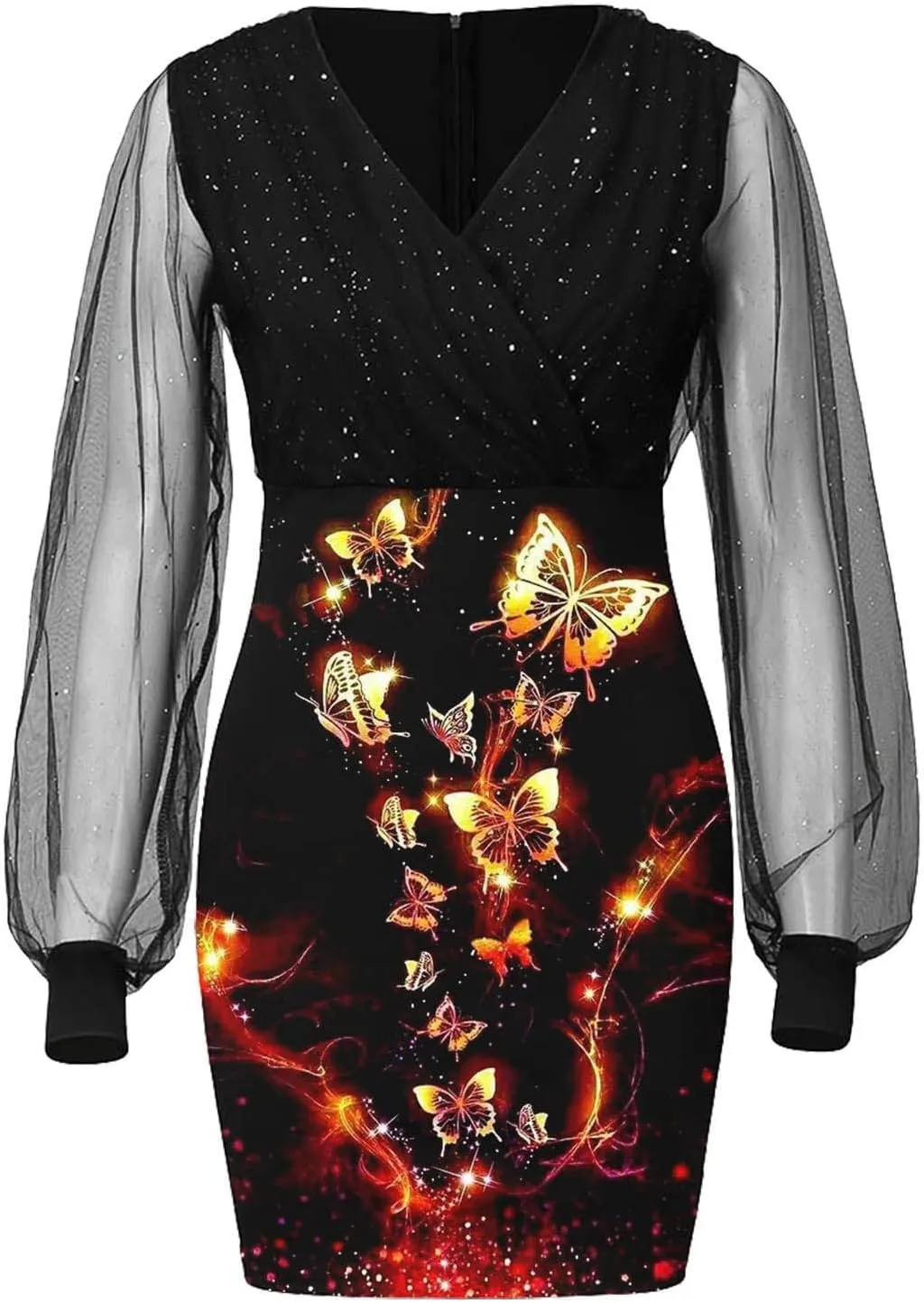 Women's Sexy Elegant Trendy Long Sleeve V-Neck Sequin Lace Mesh Midi Cocktail Party Dresses, S-2XL