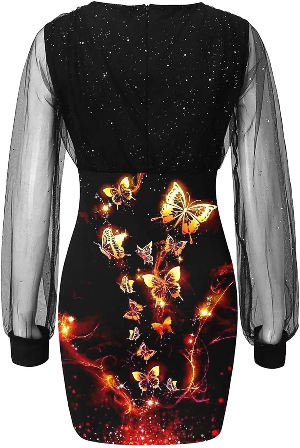 Women's Sexy Elegant Trendy Long Sleeve V-Neck Sequin Lace Mesh Midi Cocktail Party Dresses, S-2XL