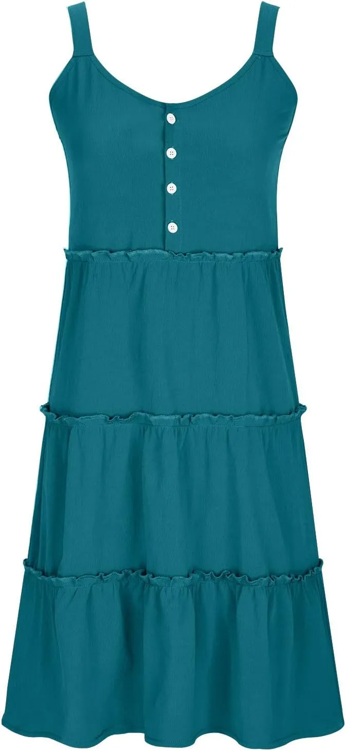 Women's Sleeveless Mini Dress 2024 Casual U Neck Button Down High Waist Dresses Ruffle Tiered Flowy Beach Sundress