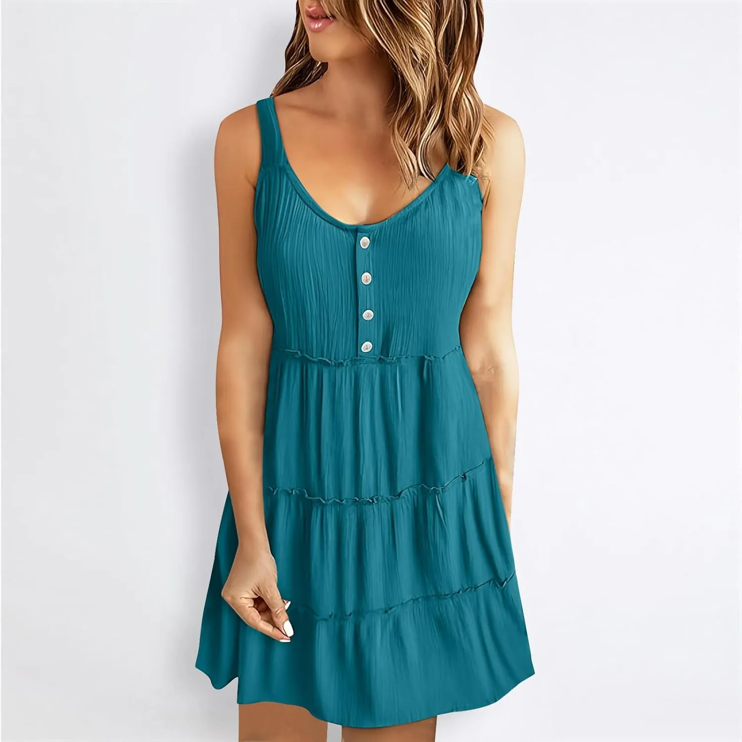 Women's Sleeveless Mini Dress 2024 Casual U Neck Button Down High Waist Dresses Ruffle Tiered Flowy Beach Sundress