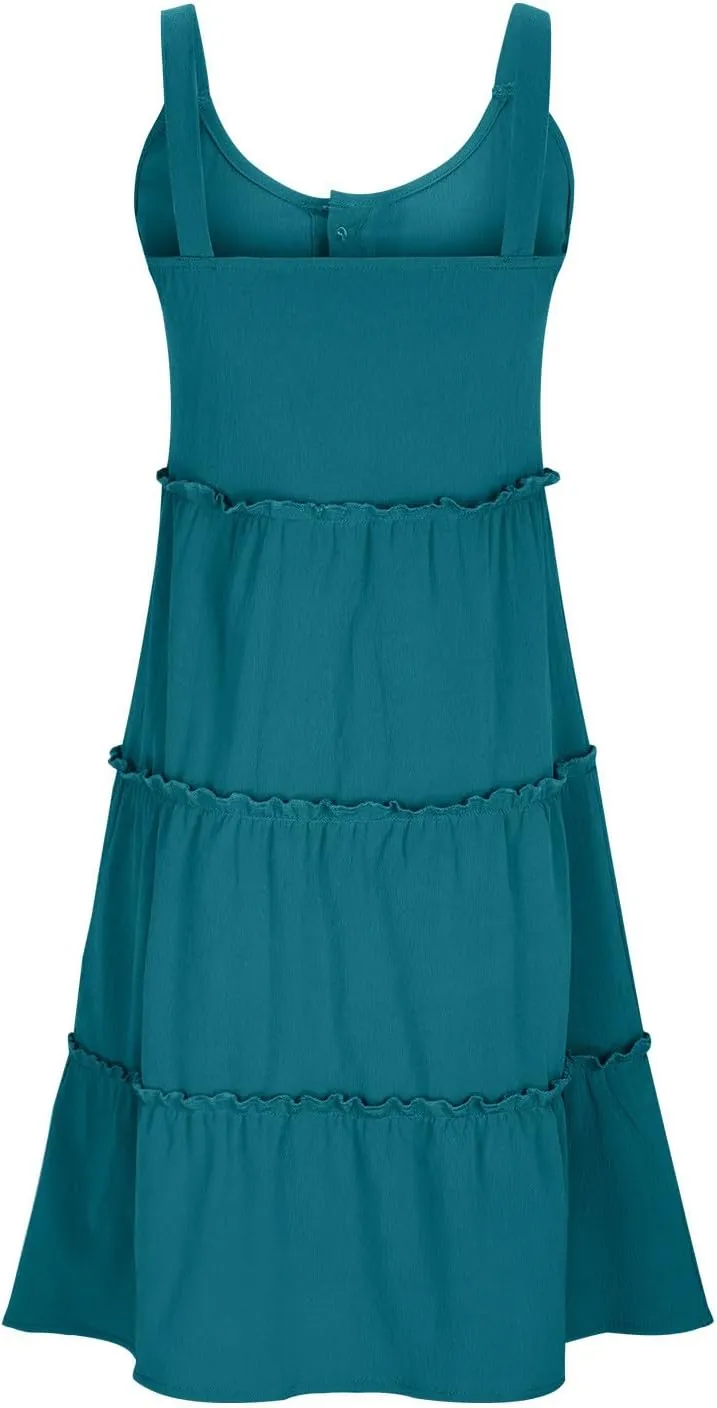 Women's Sleeveless Mini Dress 2024 Casual U Neck Button Down High Waist Dresses Ruffle Tiered Flowy Beach Sundress
