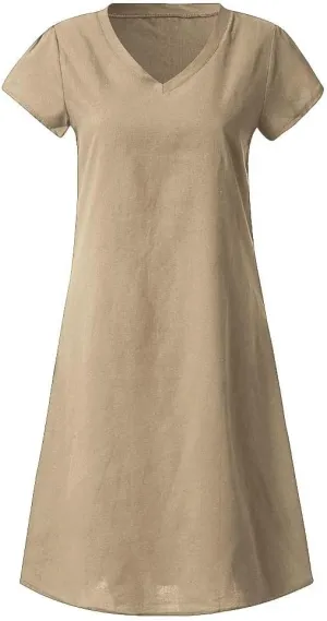Womens Slim Dresses 2025 Ladies Summer Solid Cotton Linen Short Sleeve V-Neck Plus Size Mid-Calf Dress