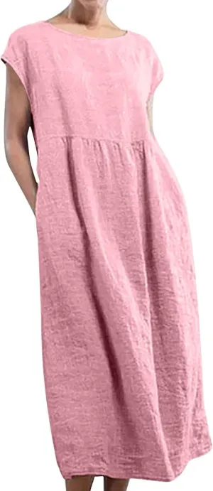 Women's Solid Sleeveless O Neck Maxi Pockets Loose Baggy Kaftan Long Dress Casual Midi Dresses for Women with