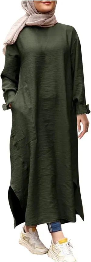 Women's Spring Dresses 2025 Summer Casual Trendy Loose Long Sleeve Crew Neck Solid Maxi Muslim Dresses, S-XL