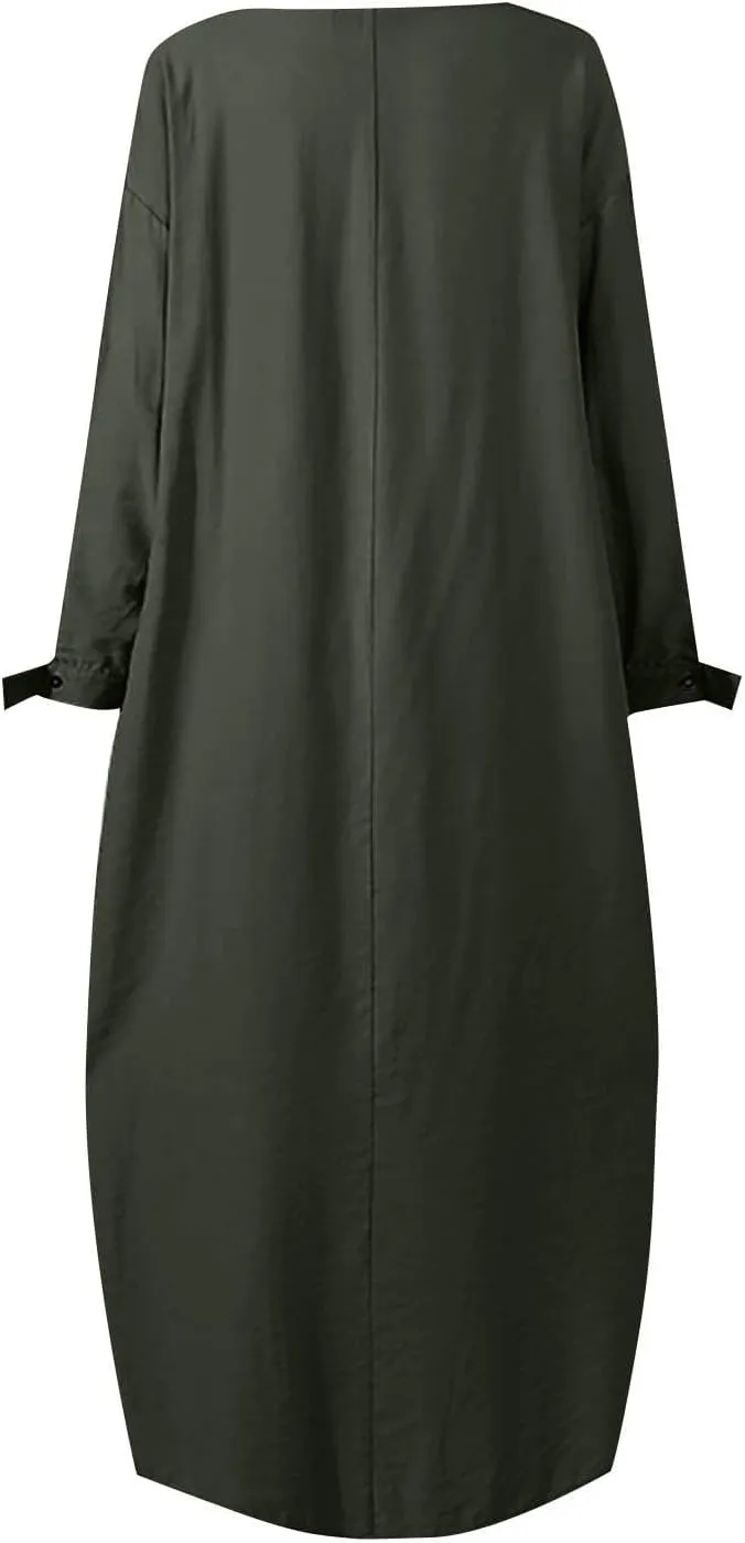 Women's Spring Dresses 2025 Summer Casual Trendy Loose Long Sleeve Crew Neck Solid Maxi Muslim Dresses, S-XL