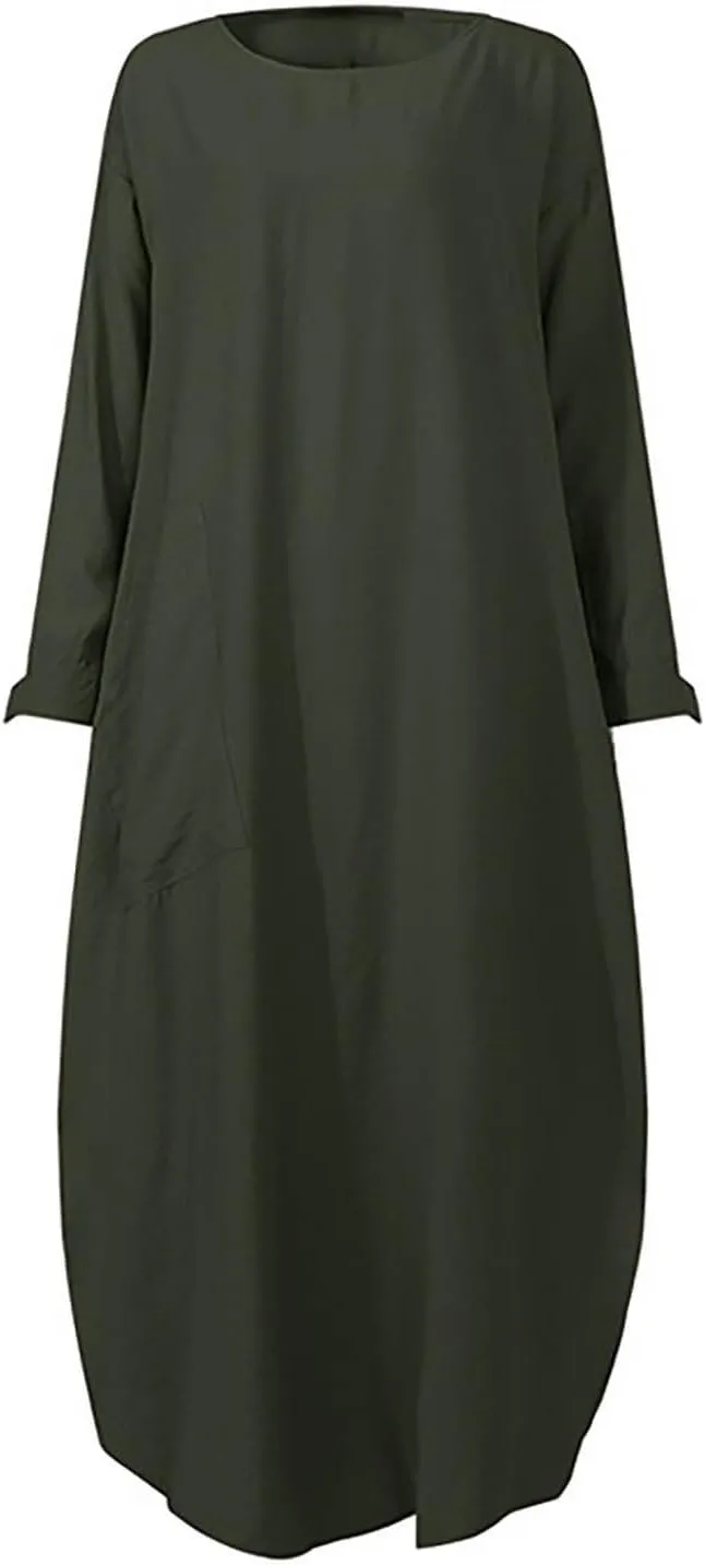 Women's Spring Dresses 2025 Summer Casual Trendy Loose Long Sleeve Crew Neck Solid Maxi Muslim Dresses, S-XL