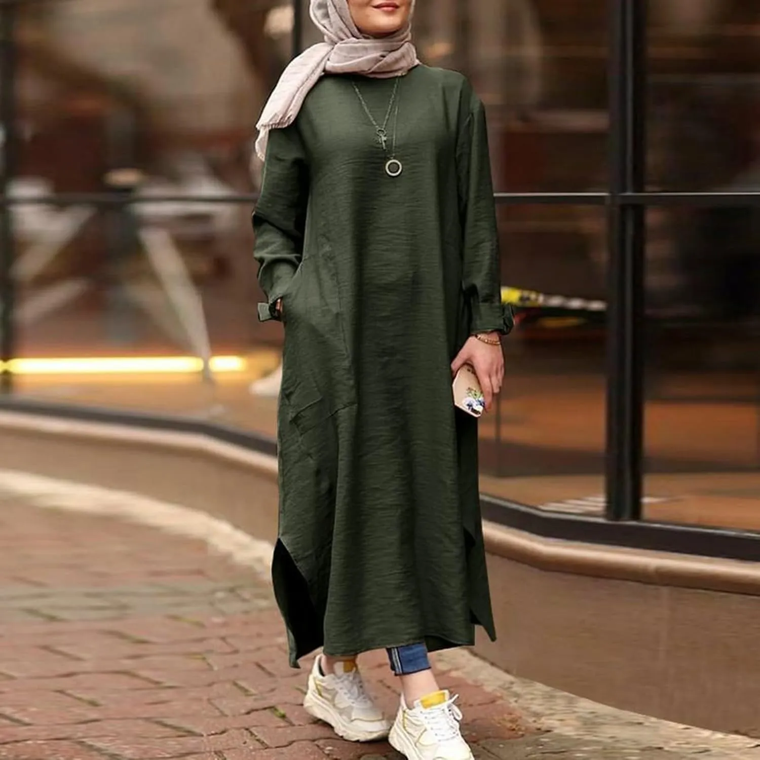 Women's Spring Dresses 2025 Summer Casual Trendy Loose Long Sleeve Crew Neck Solid Maxi Muslim Dresses, S-XL