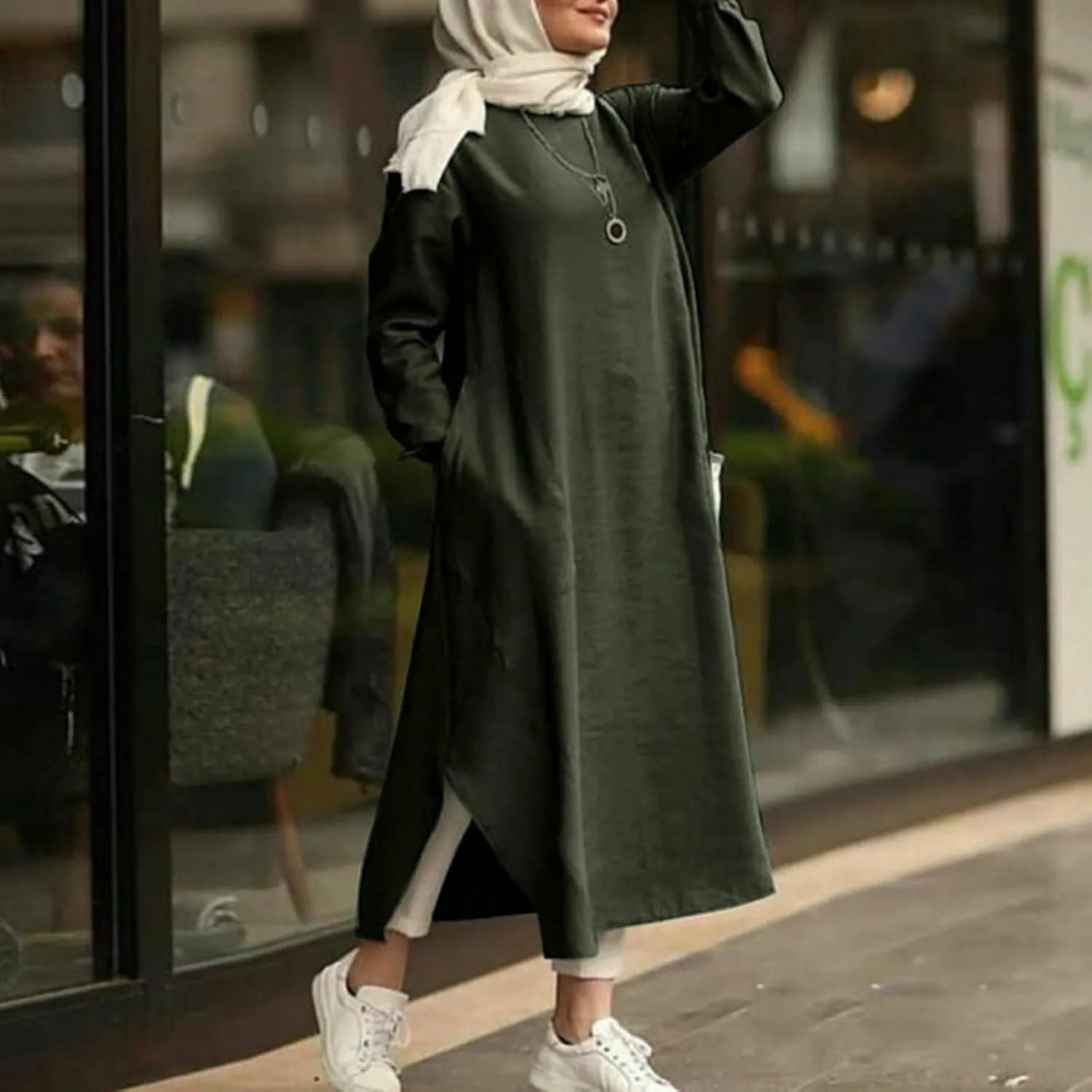 Women's Spring Dresses 2025 Summer Casual Trendy Loose Long Sleeve Crew Neck Solid Maxi Muslim Dresses, S-XL