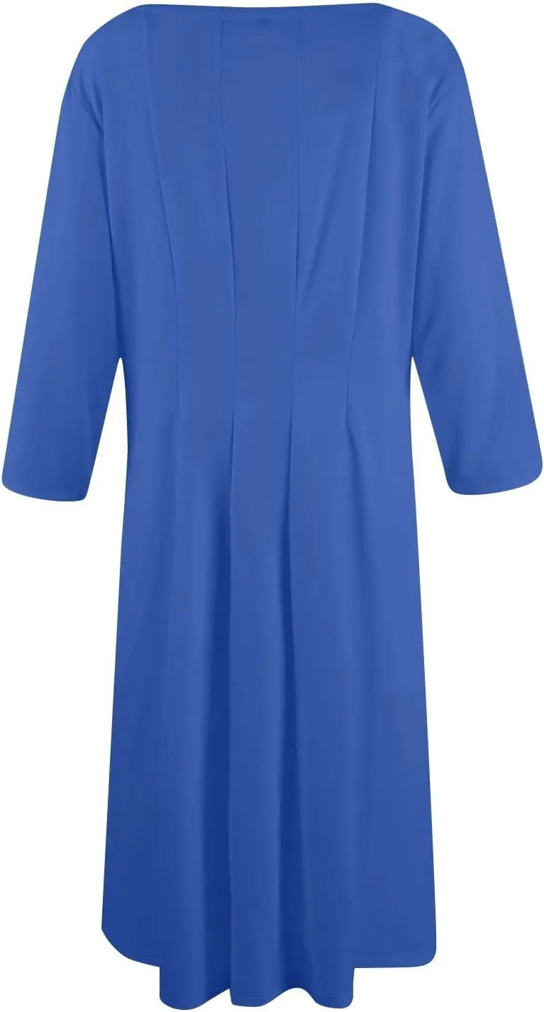 Womens Spring Dresses Crew Neck 3/4 Sleeve Beach Dress Solid Plain A Line Dress Summer Midi Flowy Dresses with Pocket