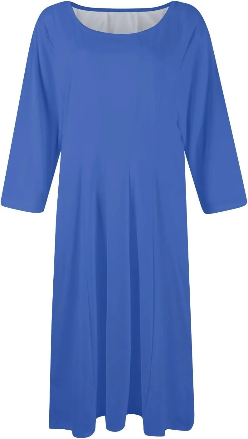 Womens Spring Dresses Crew Neck 3/4 Sleeve Beach Dress Solid Plain A Line Dress Summer Midi Flowy Dresses with Pocket