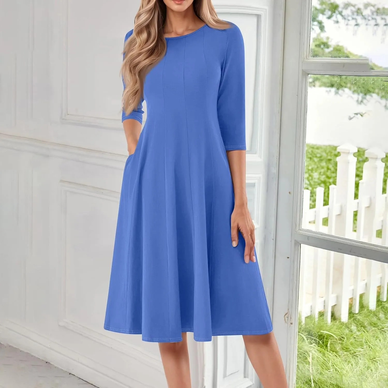 Womens Spring Dresses Crew Neck 3/4 Sleeve Beach Dress Solid Plain A Line Dress Summer Midi Flowy Dresses with Pocket