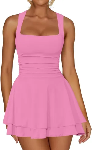 Women's Square Neck Mini Dresses Flowy Ruffle Hem Ruched Waist Dress Summer Corset Short Party Dress