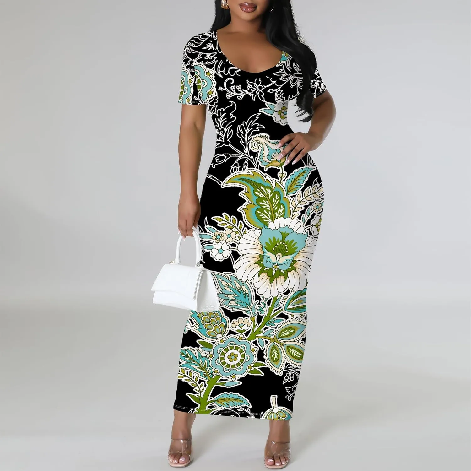Women's Summer Bodycon Maxi Dress Casual Crewneck Short Sleeve Long Fitted Sundress Party Club Sexy Wrap Beach Vacation Dress