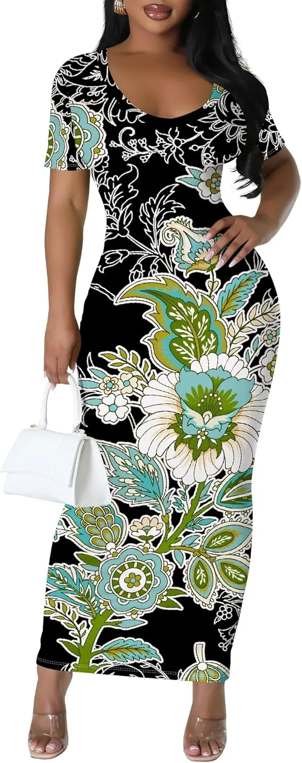 Women's Summer Bodycon Maxi Dress Casual Crewneck Short Sleeve Long Fitted Sundress Party Club Sexy Wrap Beach Vacation Dress