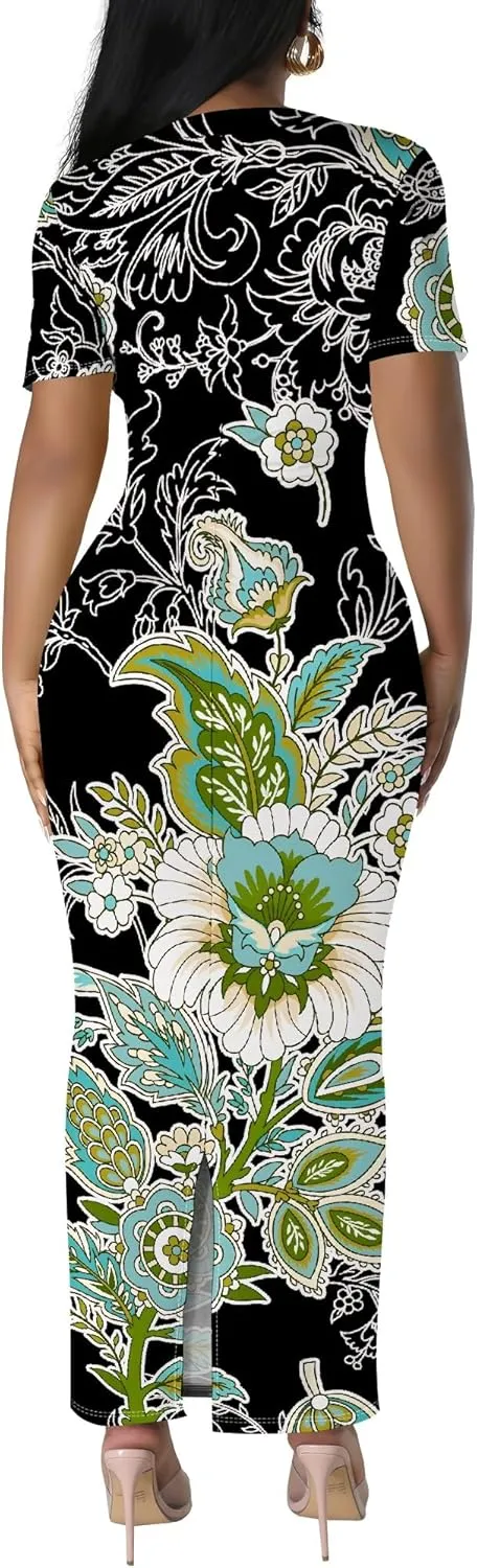 Women's Summer Bodycon Maxi Dress Casual Crewneck Short Sleeve Long Fitted Sundress Party Club Sexy Wrap Beach Vacation Dress