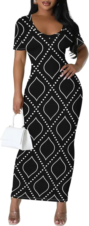 Women's Summer Bodycon Maxi Dress Casual Crewneck Short Sleeve Long Fitted Sundress Party Club Sexy Wrap Beach Vacation Dress