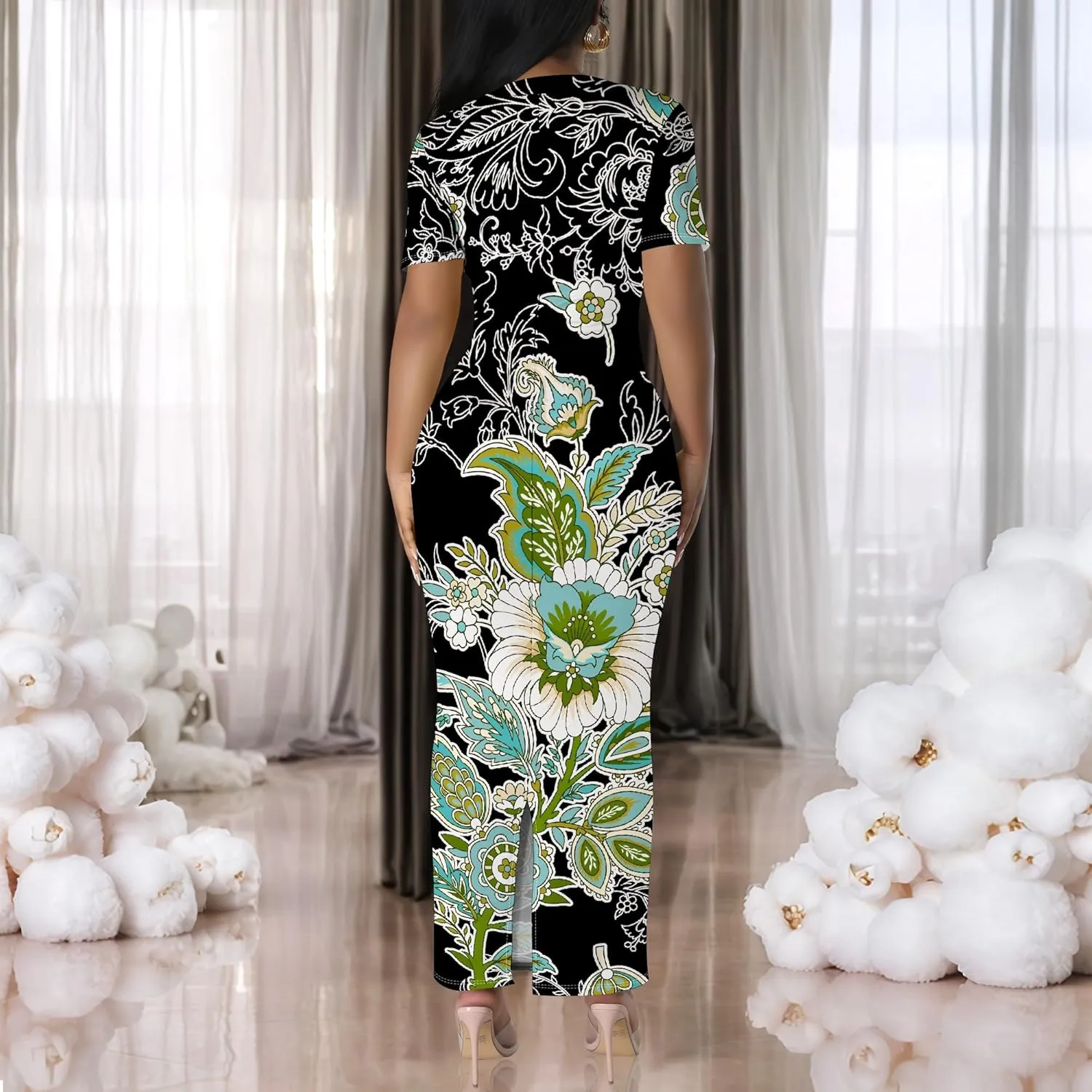Women's Summer Bodycon Maxi Dress Casual Crewneck Short Sleeve Long Fitted Sundress Party Club Sexy Wrap Beach Vacation Dress