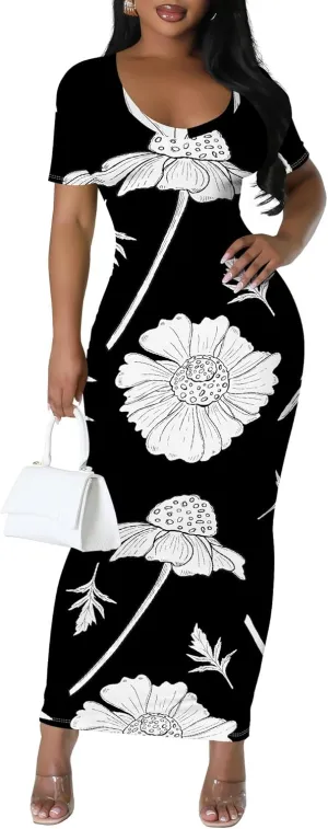 Women's Summer Bodycon Maxi Dress Casual Crewneck Short Sleeve Long Fitted Sundress Party Club Sexy Wrap Beach Vacation Dress