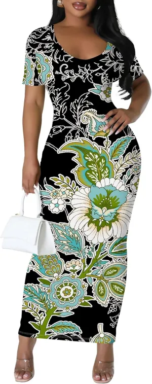 Women's Summer Bodycon Maxi Dress Casual Crewneck Short Sleeve Long Fitted Sundress Party Club Sexy Wrap Beach Vacation Dress