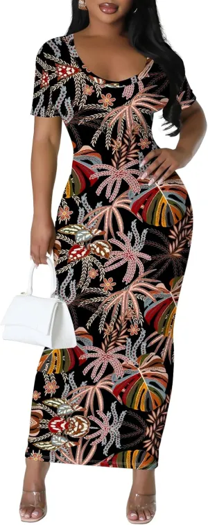 Women's Summer Bodycon Maxi Dress Casual Crewneck Short Sleeve Long Fitted Sundress Party Club Sexy Wrap Beach Vacation Dress