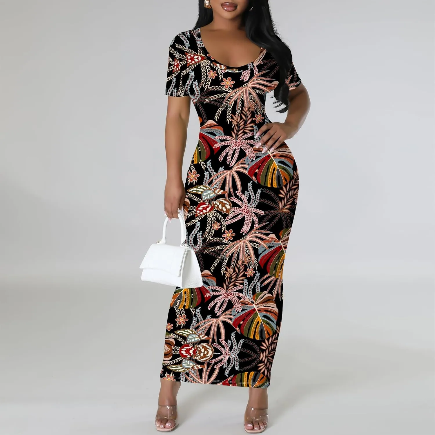 Women's Summer Bodycon Maxi Dress Casual Crewneck Short Sleeve Long Fitted Sundress Party Club Sexy Wrap Beach Vacation Dress