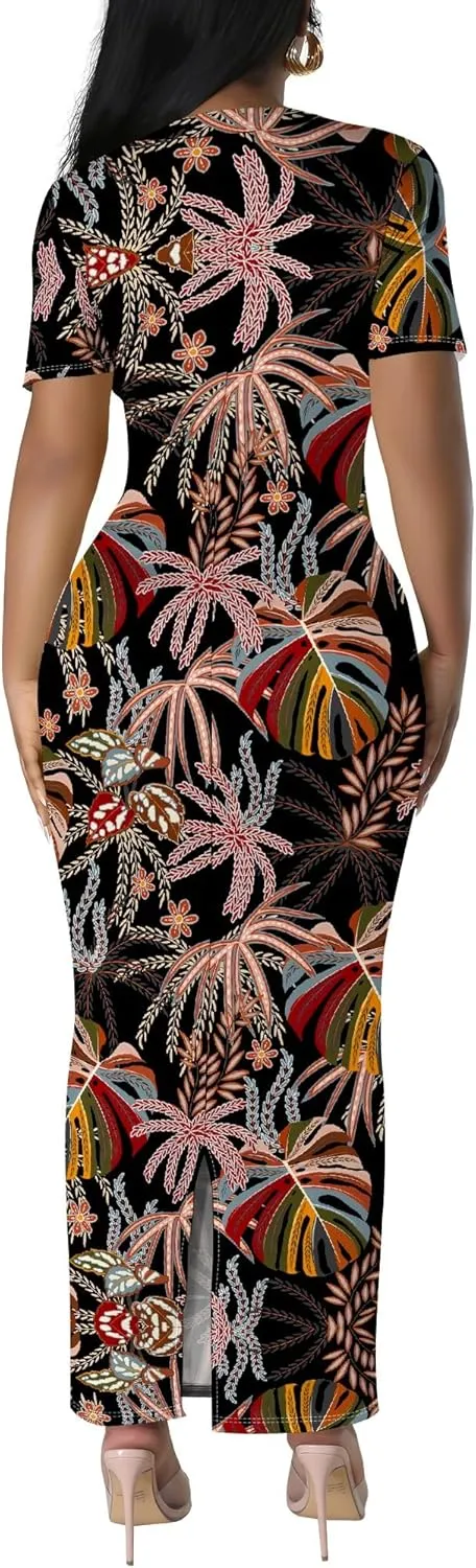 Women's Summer Bodycon Maxi Dress Casual Crewneck Short Sleeve Long Fitted Sundress Party Club Sexy Wrap Beach Vacation Dress