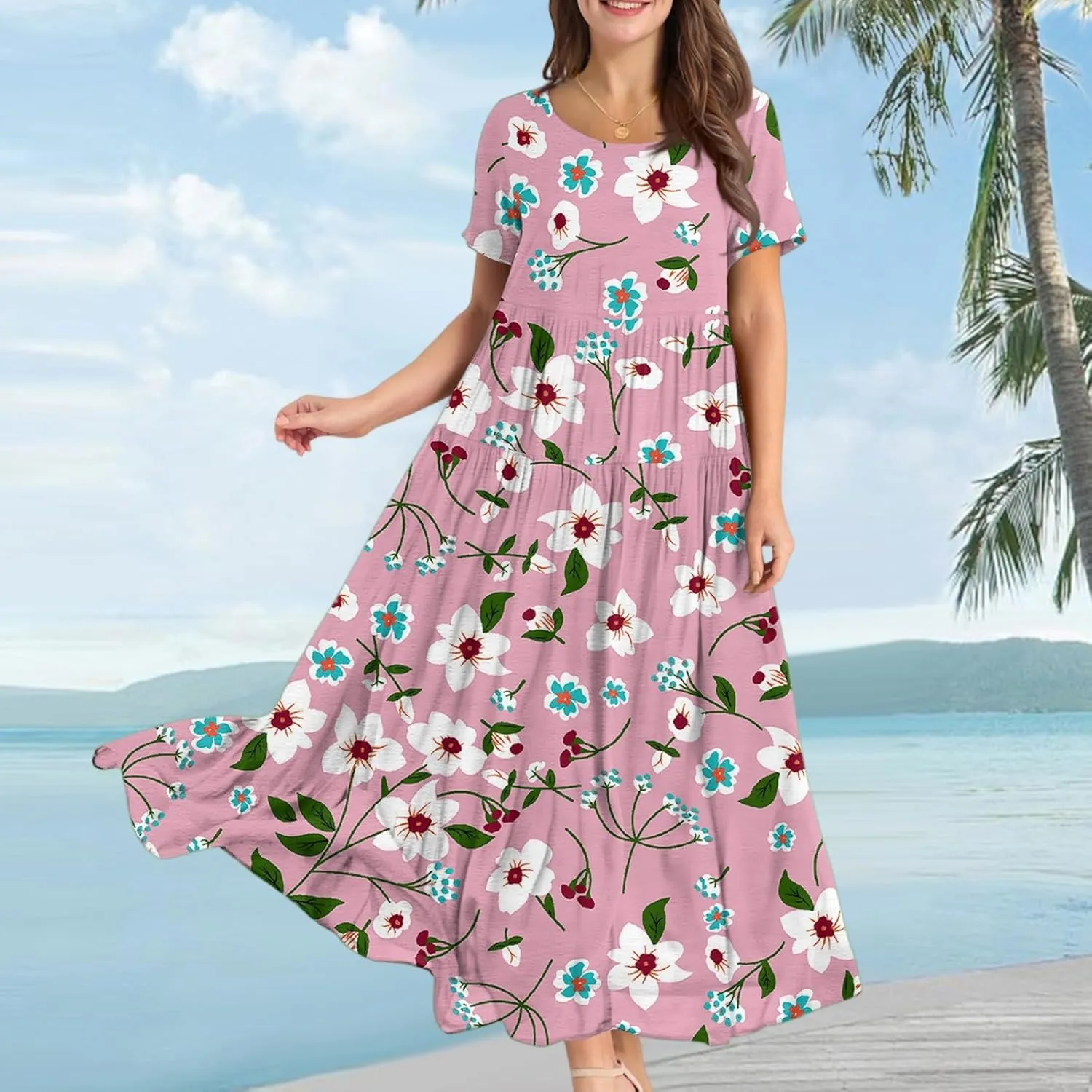 Women's Summer Bohemian Floral Pattern A Line Short Sleeve High Neck Strapless Pleated Swing Vacation Midi Dresses