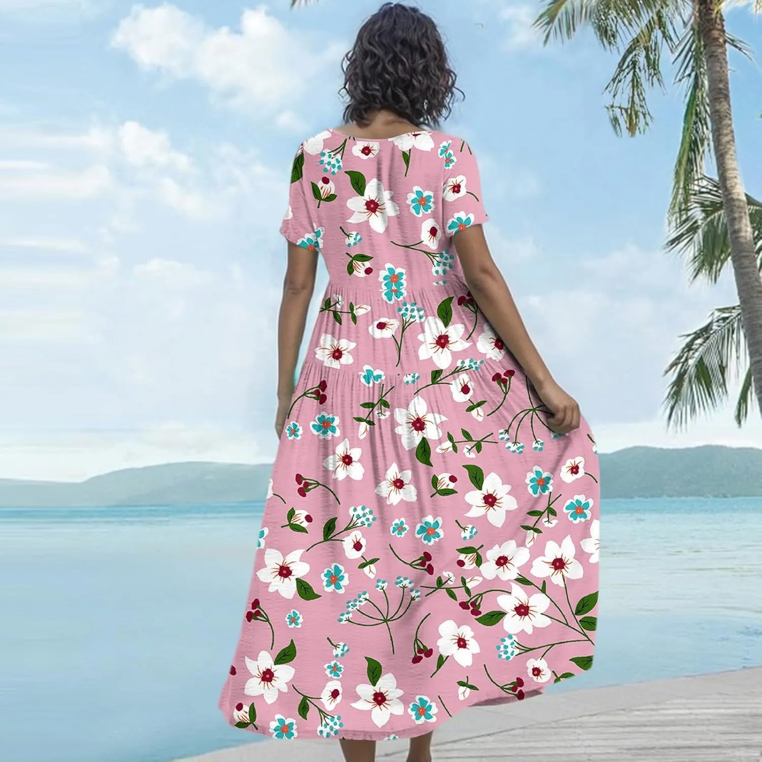 Women's Summer Bohemian Floral Pattern A Line Short Sleeve High Neck Strapless Pleated Swing Vacation Midi Dresses