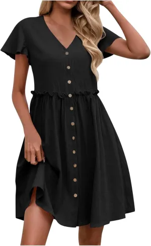 Womens Summer Button Down A-line Dress Ruffle Short Sleeve Mini Dresses Loose Fit V Neck Beach Casual Sundress