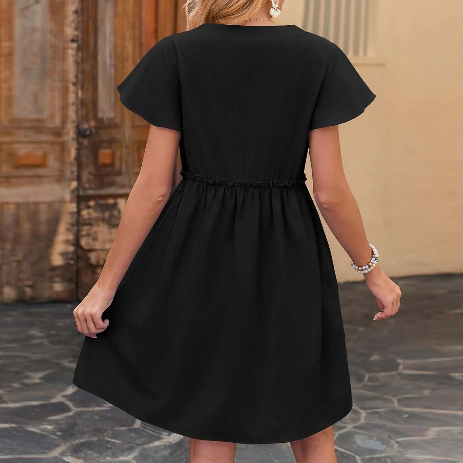 Womens Summer Button Down A-line Dress Ruffle Short Sleeve Mini Dresses Loose Fit V Neck Beach Casual Sundress