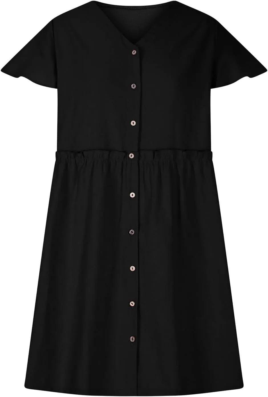 Womens Summer Button Down A-line Dress Ruffle Short Sleeve Mini Dresses Loose Fit V Neck Beach Casual Sundress