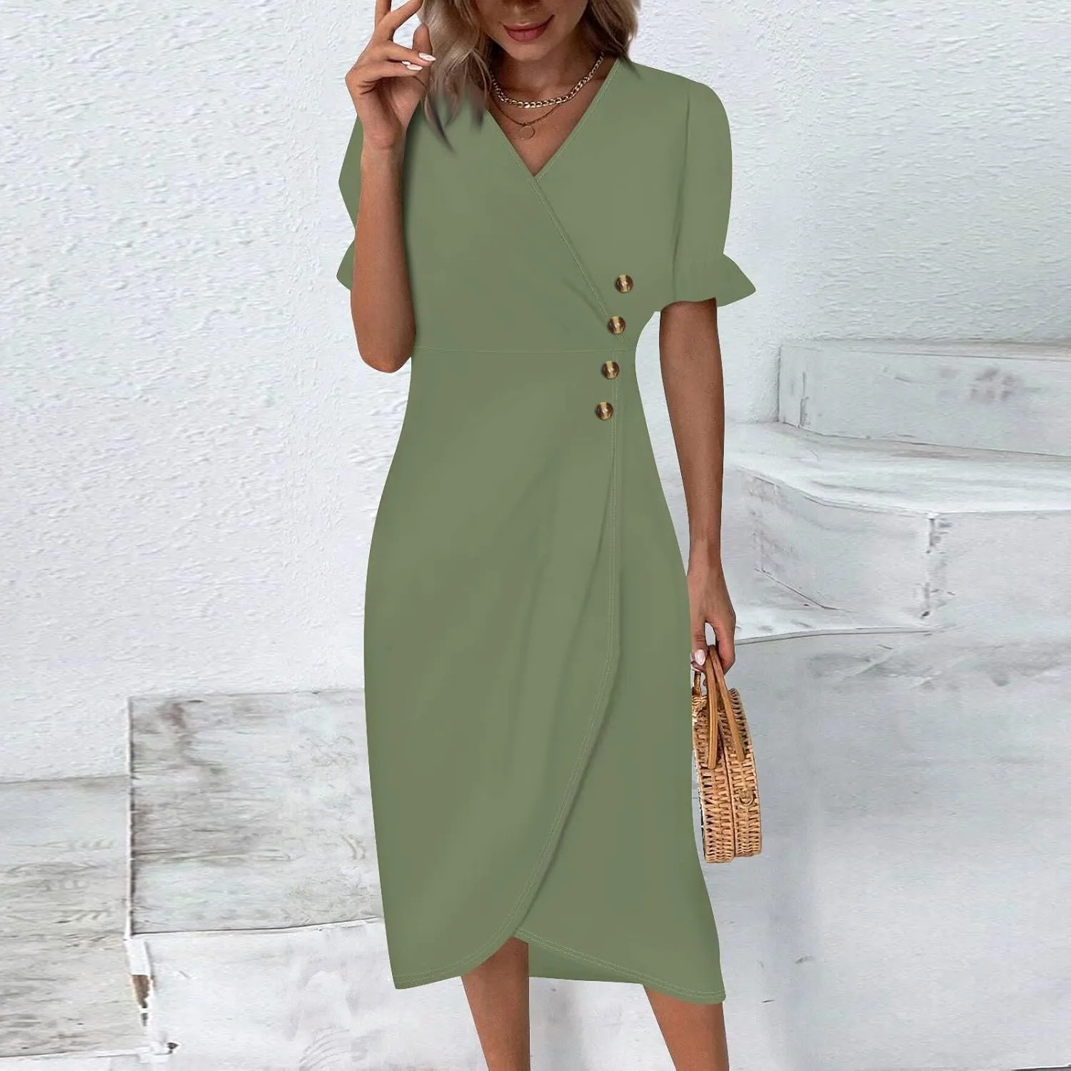 Women's Summer Casual Loose Short Sleeve V-Neck Floral Printed Solid Sun Beach Vacation Dress Plus Size, S-3XL