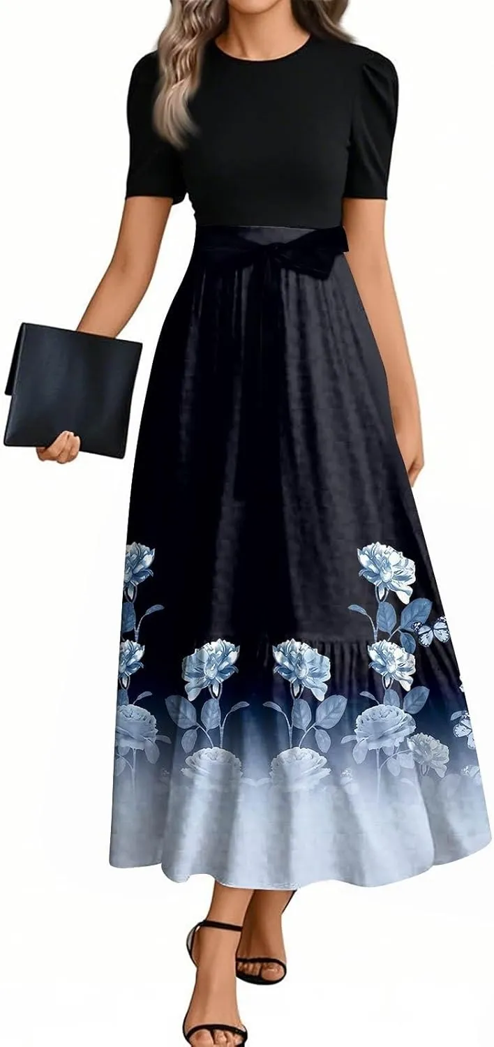 Womens Summer Casual Midi Dress Cowl Neck Short Sleeve Smocked High Waist A Line Wedding Guest