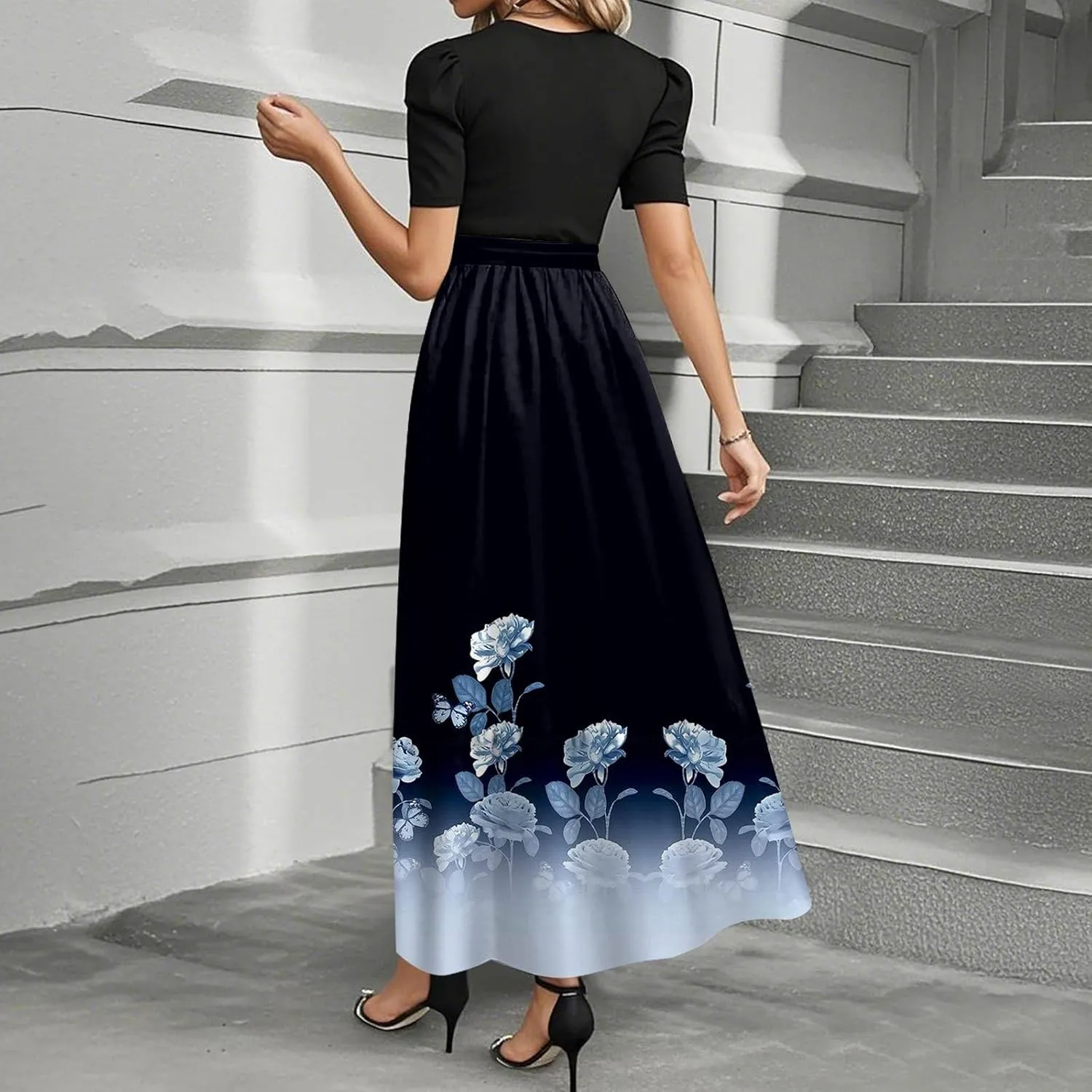 Womens Summer Casual Midi Dress Cowl Neck Short Sleeve Smocked High Waist A Line Wedding Guest