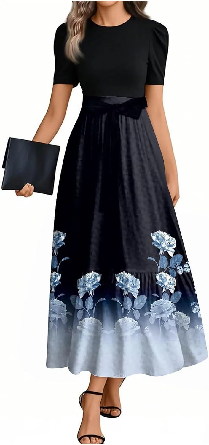 Womens Summer Casual Midi Dress Cowl Neck Short Sleeve Smocked High Waist A Line Wedding Guest