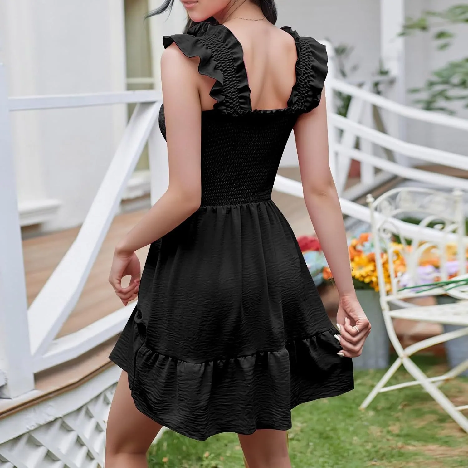 Womens Summer Casual Sleeveless Dresses Square Neck 2024 Trendy Beach Sundress Smocked Ruffle Backless Boho Mini Dress