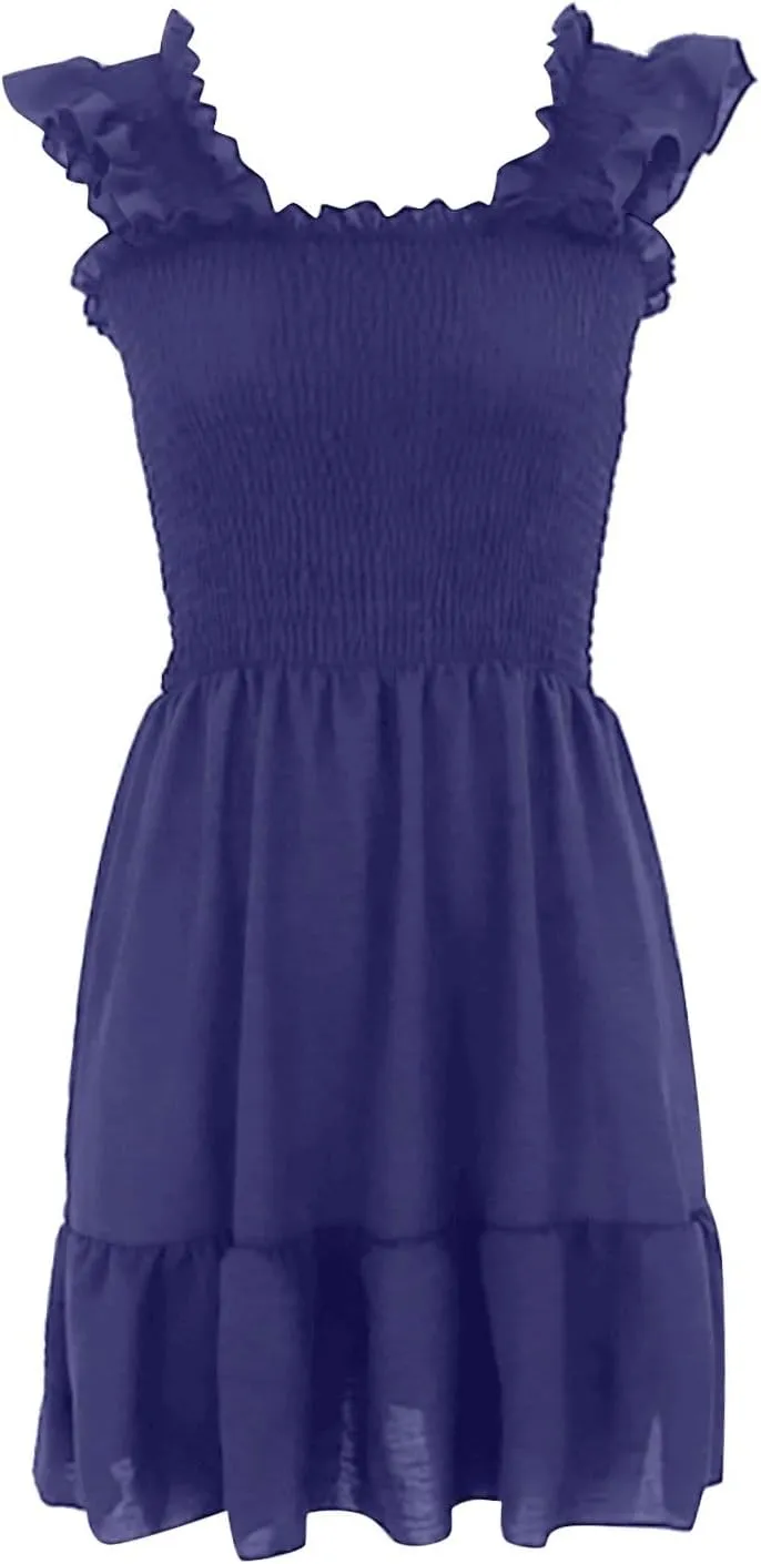 Womens Summer Casual Sleeveless Dresses Square Neck 2024 Trendy Beach Sundress Smocked Ruffle Backless Boho Mini Dress