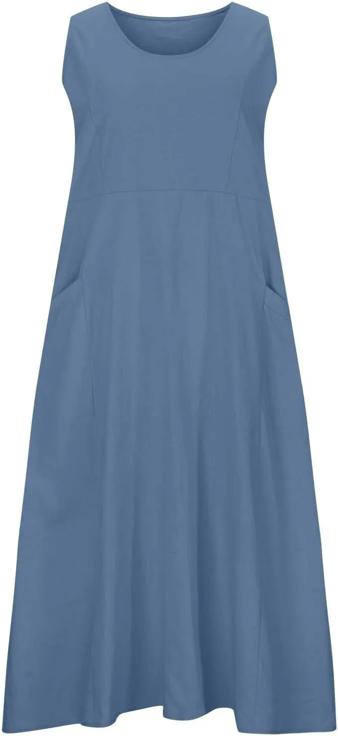 Womens Summer Cotton Linen Dress Sleeveless Scoop Neck Flowy Sundress 2025 Plus Size Loose Comfy Midi Dresses Pockets