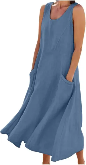 Womens Summer Cotton Linen Dress Sleeveless Scoop Neck Flowy Sundress 2025 Plus Size Loose Comfy Midi Dresses Pockets