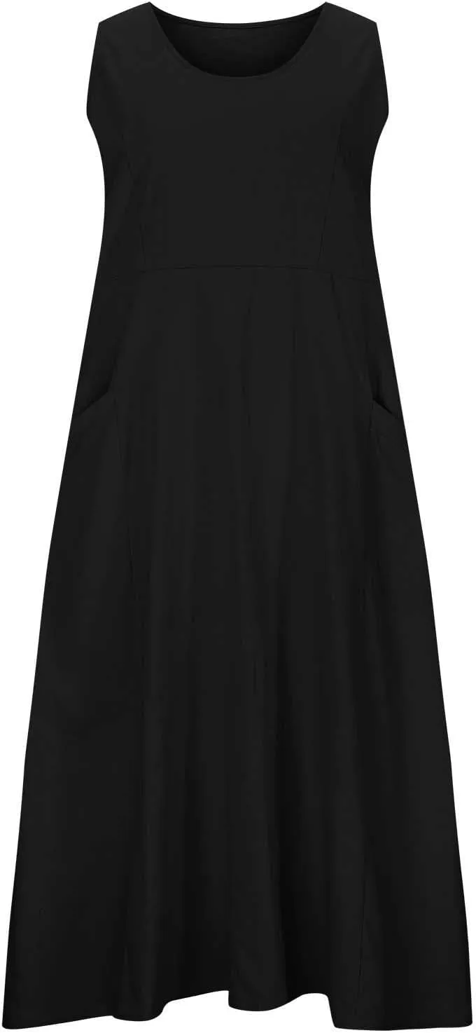 Womens Summer Cotton Linen Dress Sleeveless Scoop Neck Flowy Sundress 2025 Plus Size Loose Comfy Midi Dresses Pockets