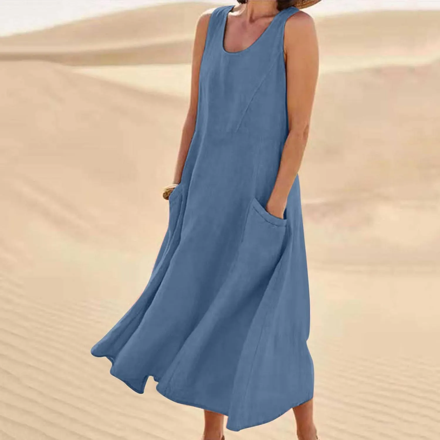 Womens Summer Cotton Linen Dress Sleeveless Scoop Neck Flowy Sundress 2025 Plus Size Loose Comfy Midi Dresses Pockets