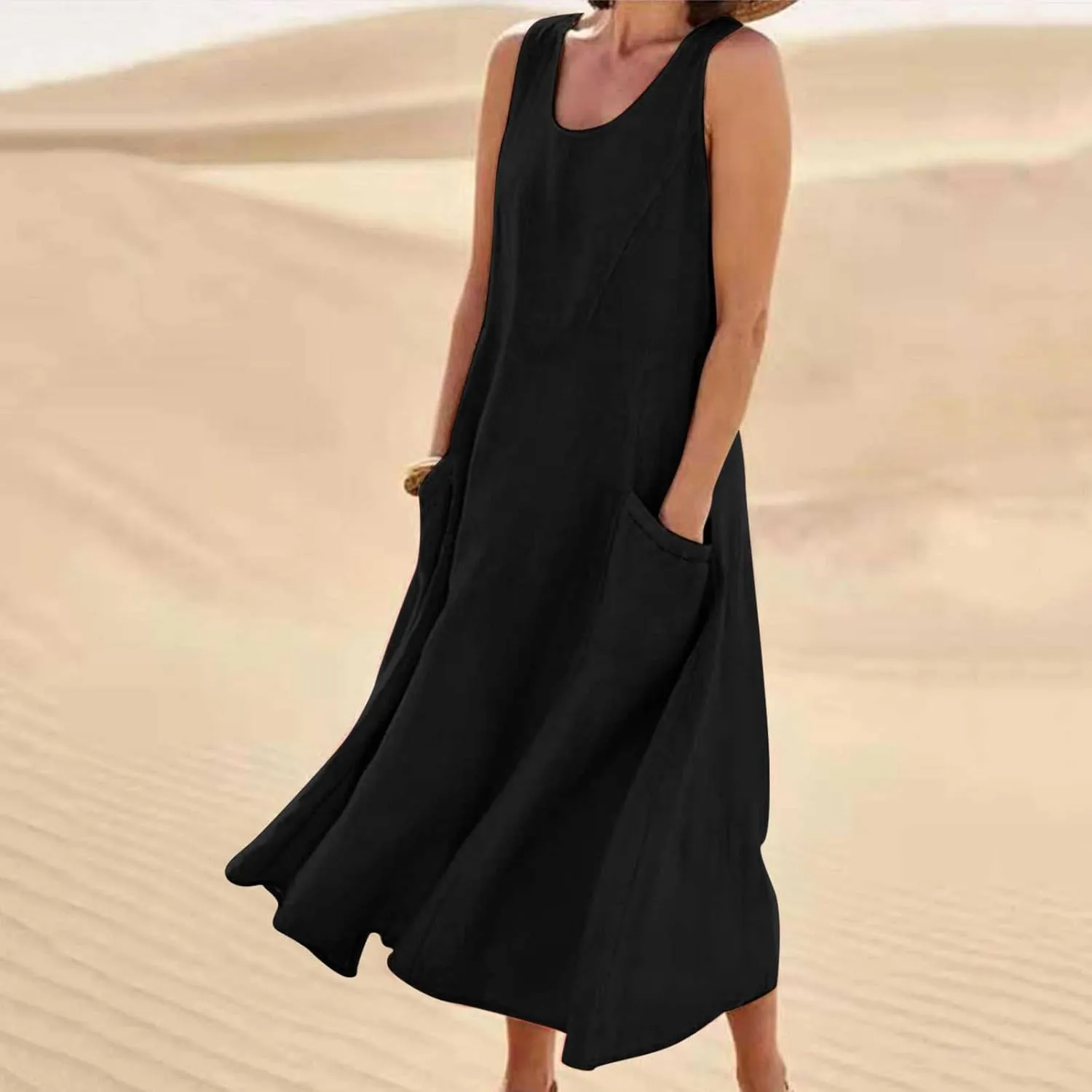 Womens Summer Cotton Linen Dress Sleeveless Scoop Neck Flowy Sundress 2025 Plus Size Loose Comfy Midi Dresses Pockets