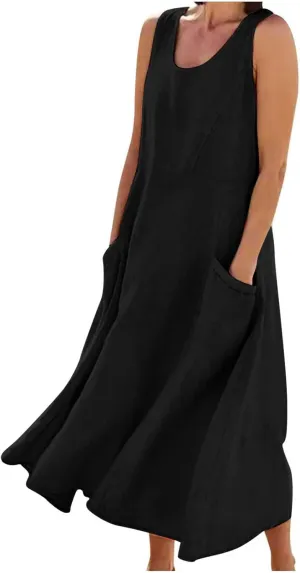 Womens Summer Cotton Linen Dress Sleeveless Scoop Neck Flowy Sundress 2025 Plus Size Loose Comfy Midi Dresses Pockets
