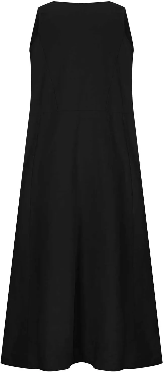 Womens Summer Cotton Linen Dress Sleeveless Scoop Neck Flowy Sundress 2025 Plus Size Loose Comfy Midi Dresses Pockets