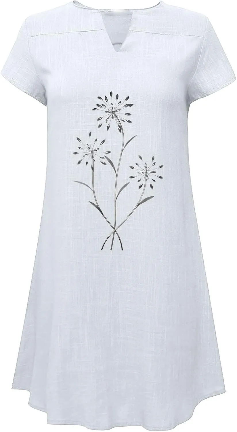 Womens Summer Cotton Linen Dresses Casual V Neck Short Sleeve Midi Dress Floral Embroidery Shirt Dress Plus Size S-5X Deals of The Day 2024 Vacation Sun Dresses Women, X-Large, White N