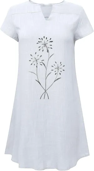 Womens Summer Cotton Linen Dresses Casual V Neck Short Sleeve Midi Dress Floral Embroidery Shirt Dress Plus Size S-5X Deals of The Day 2024 Vacation Sun Dresses Women, X-Large, White N