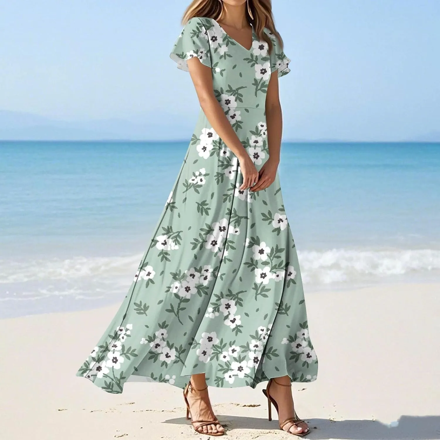 Women's Summer Dress 2025 Short Sleeve V-Neck Boho Floral Printed Flowy Swing Sundress Wedding Guest Dresses